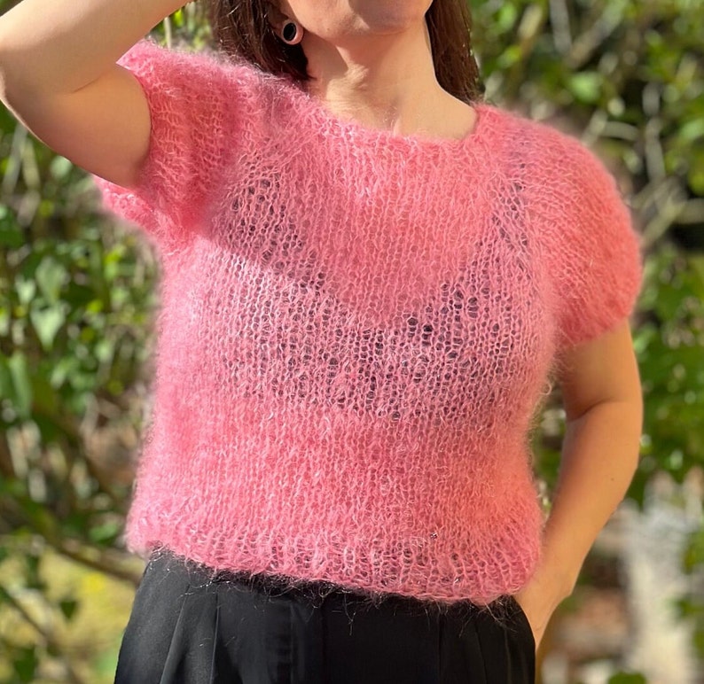 hand-knitted mohair sweater, mohair shirt, unique piece, raglan sweater, knitwear, short sleeve, sweater, summer image 3