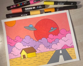 House By the Road/ trippy posca pen landscape illustration