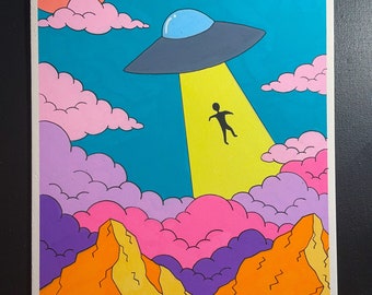 UFOs Over Orange Mountains/ original trippy cartoon drawing