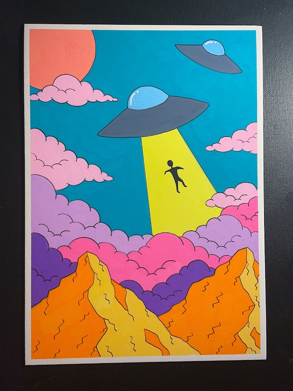 Ufos Over Orange Mountains/ Original Trippy Cartoon Drawing - Etsy Ufos Over Orange Mountains/ Original Trippy Cartoon Drawing - Etsy