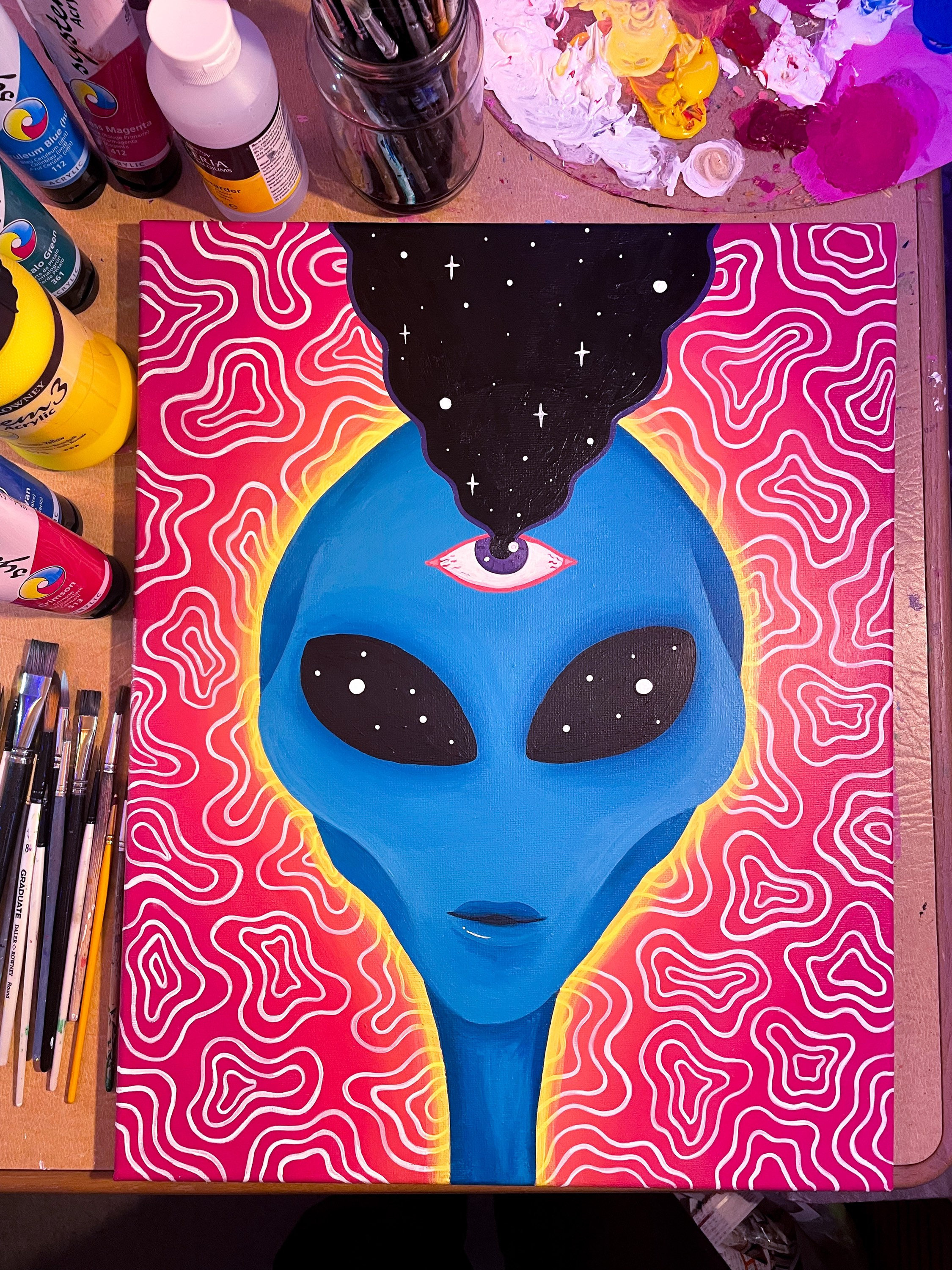 Psychedelic Alien Wall Art, Third Eye Cosmic Painting, Trippy Neon