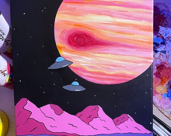 Village in Deep Space / trippy psychedelic original painting