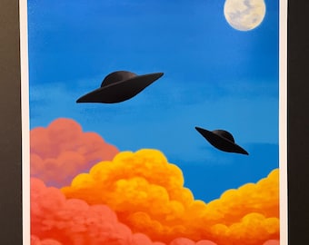 UFOS Above the Clouds/digital psychedelic sci-fi illustration print