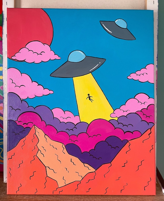 Ufos Over Orange Mountains /trippy Cartoon Painting - Etsy Ufos Over Orange Mountains /trippy Cartoon Painting - Etsy