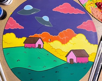 Pink Houses/ trippy painted vinyl record Wall art