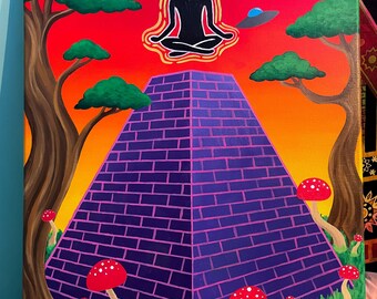 Psychodeliczny Grzyb na ścianę, Obraz z medytacją duchową, Psychodeliczna Piramida z UFO, Kosmiczny Surrealistyczny Wystrój, Kolorowy Plakat do Pokoju