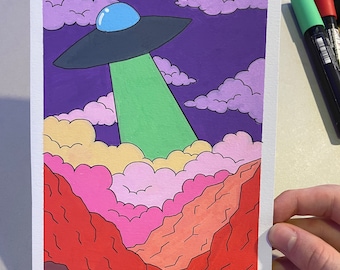 UFO over Red Mountains/ original trippy illustration