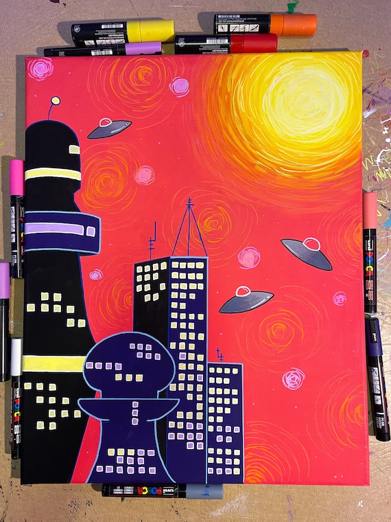 Sci-fi City/ Original Posca Pen Canvas Art Australia