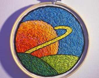 Orange Planet/ embroidery wall art piece