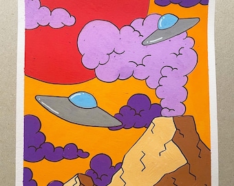 Volcano Sunset  /original 8x6 posca postcard drawing