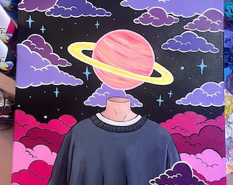 Child of Space/ Surreal Space Wall Art, Psychedelic Planet Head Painting, Trippy Cosmic Figure, Dreamy Galaxy Artwork, Aesthetic Room Decor