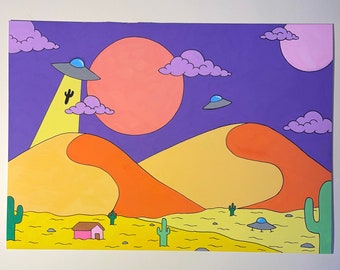 UFOs in the Desert/ posca pen original landscape drawing