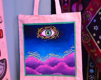 Eye in the Sky/ trippy hand painted tote bag