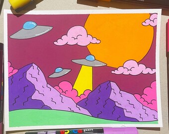 Sunset over the Purple Mountains  /original 8x6 posca postcard drawing