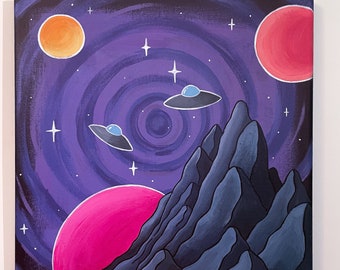Psychedelic Galaxy Wall Art, Trippy spiral space painting, Cosmic vortex canvas, UFO Landscape Artwork, Surreal Room Decor
