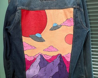 Big Red Planet/ trippy ufo painted denim jacket