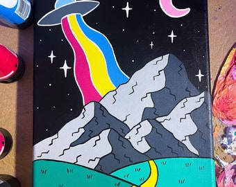 Visitors Up Ahead/ trippy ufo canvas painting