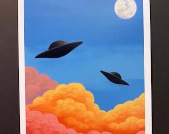 UFOs Above the Clouds/ procreate illustration mini print