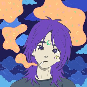 May include: A digital illustration of a person with long purple hair, wearing a dark grey shirt, and smoking a cigarette. The background is a dark blue with pastel blue clouds and peach-coloured shapes with geometric patterns.