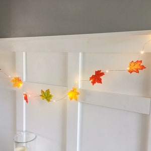 May include: A string of lights with fall-colored leaves, including red, orange, and yellow, strung across a white wall.