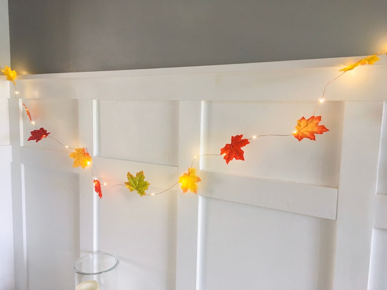 May include: A string of lights with fall-colored leaves, including red, orange, and yellow, strung across a white wall.