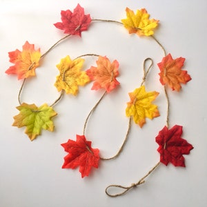 May include: A fall-themed garland with a string of faux leaves in shades of red, orange, and yellow.