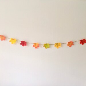 May include: A garland of fall leaves in shades of red, orange, yellow, and green. The leaves are strung on a twine and are hanging on a white wall.