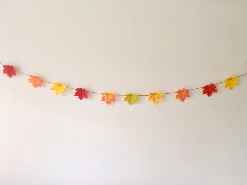 May include: A garland of fall leaves in shades of red, orange, yellow, and green. The leaves are strung on a twine and are hanging on a white wall.