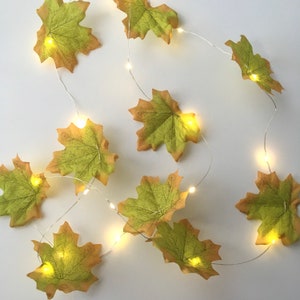 May include: A string of fairy lights with small, warm white bulbs and artificial fall leaves in shades of green and brown.