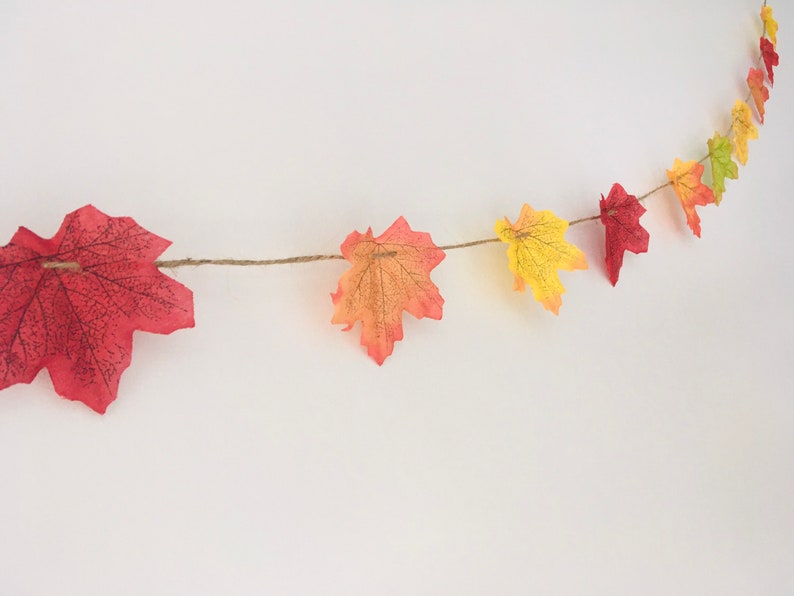 May include: A garland of fall leaves in shades of red, orange, and yellow, strung on twine.