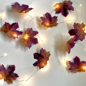 May include: A string of fairy lights with purple and brown maple leaf-shaped bulbs. The lights are strung on a silver wire and are lit up.