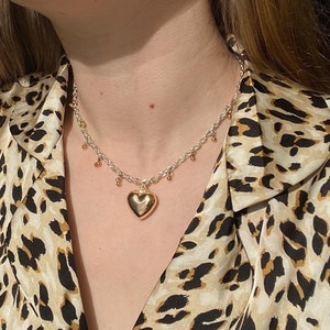 Silver chain choker with gold heart pendant, Mixed metal necklace image 3