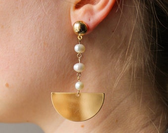 Gold pearl earrings, pearl drop statement earrings