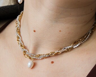 Rhinestone pearl drop choker with chains, Luxury and statement choker