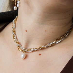 Rhinestone pearl drop choker with chains, Luxury and statement choker image 1