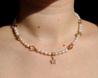 Pearl necklace with pendant star with cubic zirconia, Star drop necklace