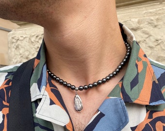 Echte Hämatit Halskette mit natürlichem Perlenanhänger, Männer Halskette