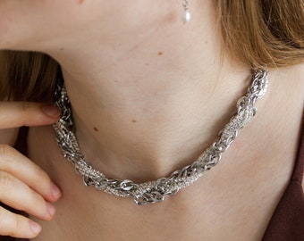 Chunky silver rhinestone choker with chains, Luxury and statement necklace