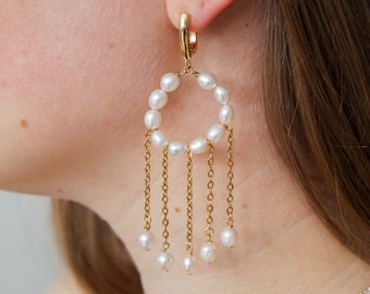 Pearl statement earrings with drop chains with pearls