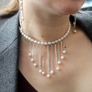 Drop rhinestone pearl choker with chains pendants, Luxury and statement choker image 8