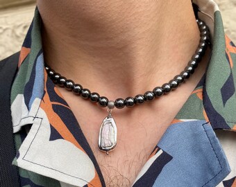Real hematite necklace with natural pearl pendant, Men necklace