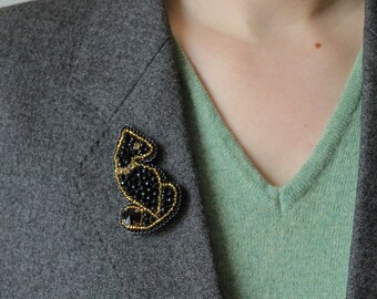 Black and gold cat brooch, beaded embroidery brooch