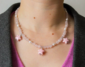 Pink quartz necklace with natural pearls and stars pendants, Unique necklace