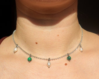 Pearl and malachite necklace on rhinestone chain, Green pearl drop choker