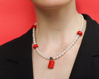 Pearl and coral statement necklace, Pearl drop necklace