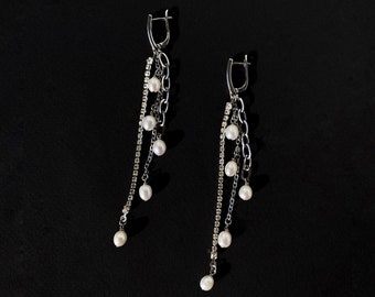 Long chain statement earrings with pearls, Sparkly earrings