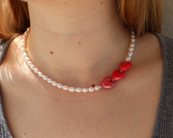 Pearl necklace with red ceramic heart, Red heart choker