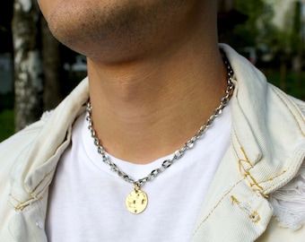 Men chain necklace with gold coin pendant, Mixed metal necklace