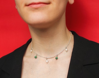 Collier de perles et de malachite sur chaîne en strass, tour de cou goutte de perles vertes