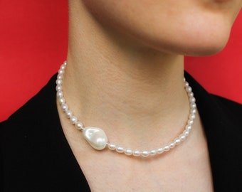 Freshwater pearl choker with big bead pearl, Delicate necklace